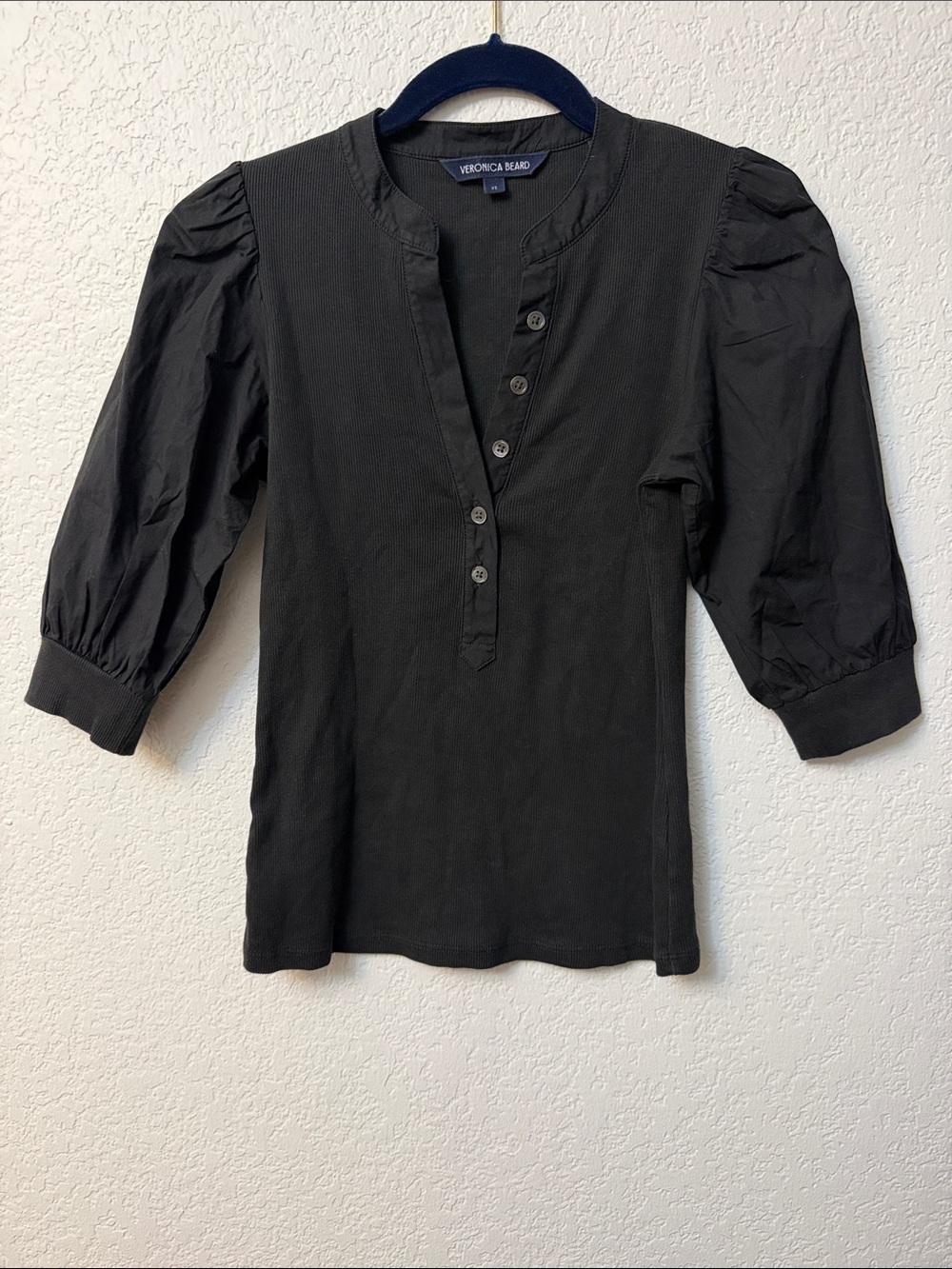 Veronica Beard Black Puff-Sleeve Henley Top for Kids - Button Front